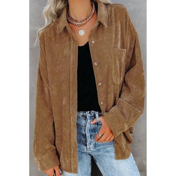 Women Brown Collared V Neck Button Down Oversized Long Sleeve Shirt Top - Picture 3 of 6